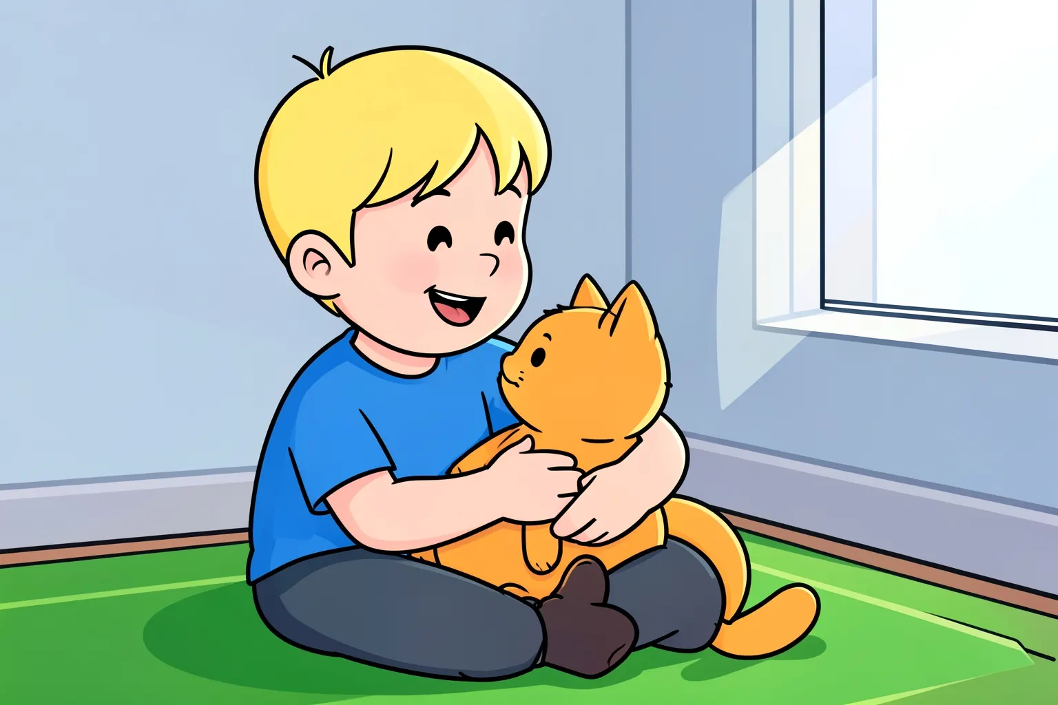 Criança sorrindo com um gato no colo