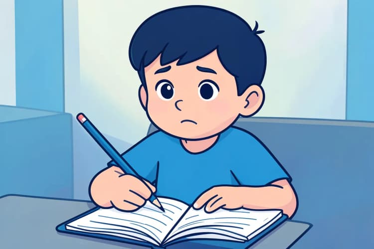 Menino pensativo olhando para o lado, com um lápis na mão e um caderno aberto à sua frente.