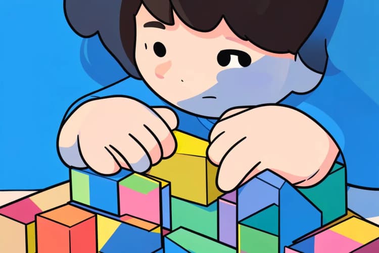 Criança brincando com blocos de montar, com uma expressão de concentração intensa.
