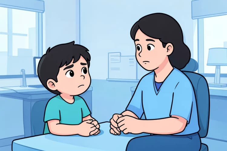 Criança conversando com um adulto em um consultório médico, com expressão séria.