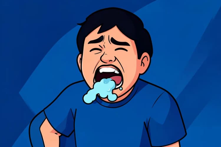Pessoa tendo uma convulsão, com espuma na boca, em plano médio.
