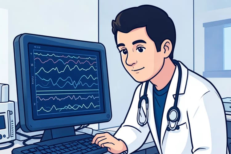 Médico examinando paciente com eletroencefalograma, em plano detalhado.