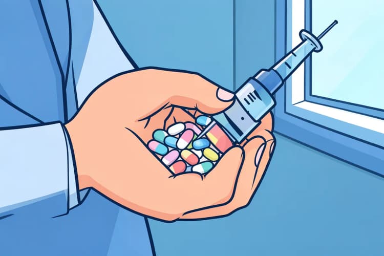 Mãos de médico segurando pílulas e seringa, representando o tratamento da epilepsia refratária.