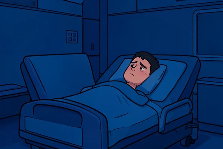 Paciente deitado na cama, olhando para o teto com expressão de cansaço, em plano geral.